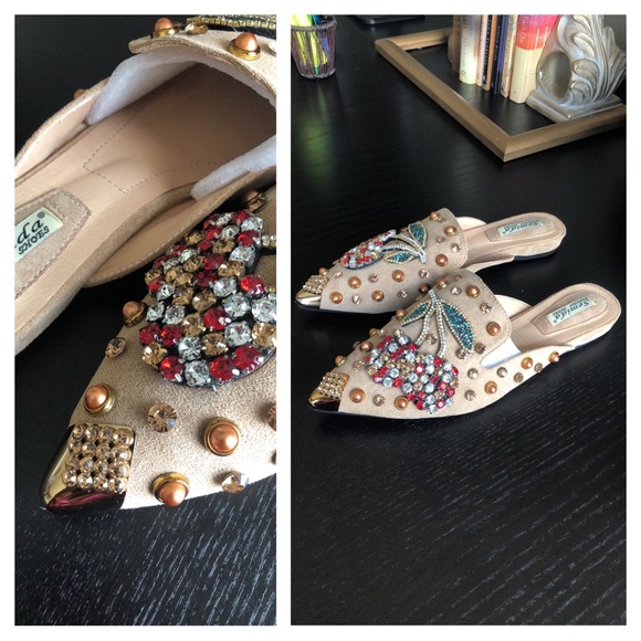Cherry Rhinestone Khaki Metal Pointed Closed Toe Loafers - Picture 10 of 17